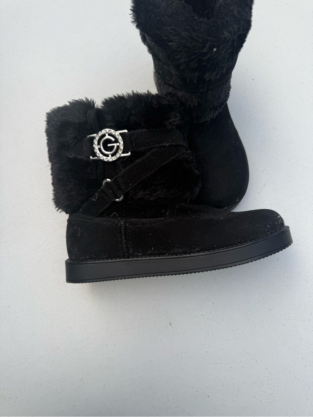 G by Guess Black Faux Fur Winter Boots with Logo Buckle